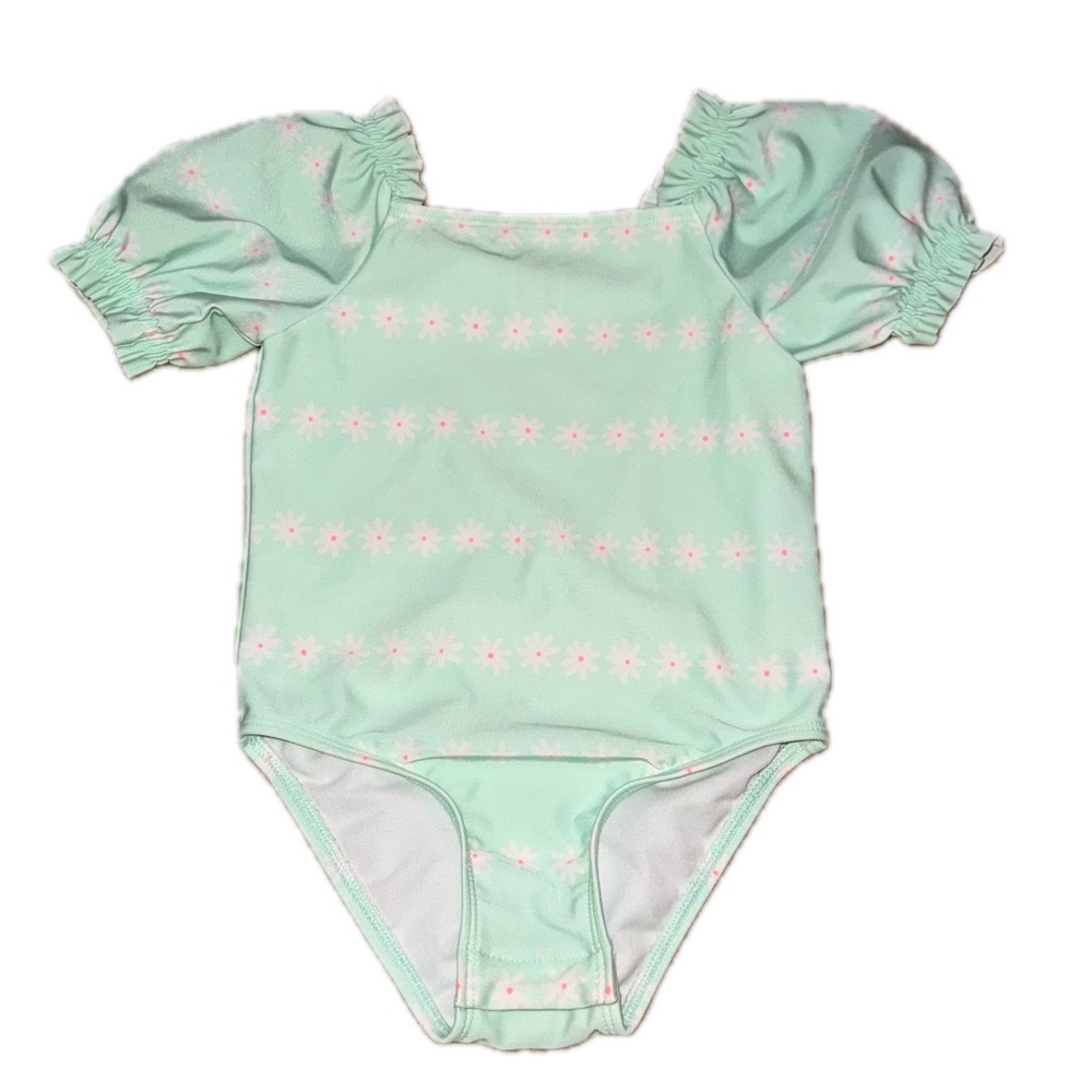 Cat & Jack Light Seafoam Mint Green Floral Puff Sleeve One Piece Snap Swimsuit